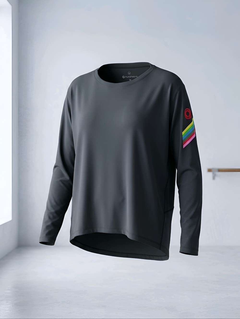 Pure Barre Circle P Long-Sleeve Top Shirt Black with Rainbow Accent Size M